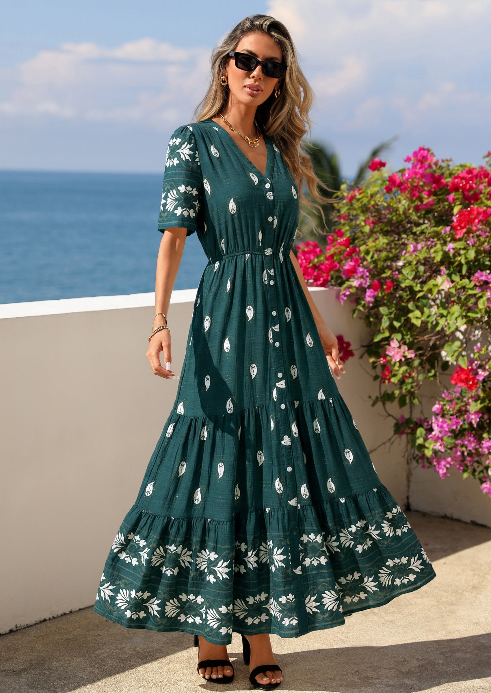 PRETTYGARDEN Womens Summer Boho Maxi Dress Trendy Short Sleeve V Neck Flowy Beach Floral Dresses with Pockets PRETTYGARDEN