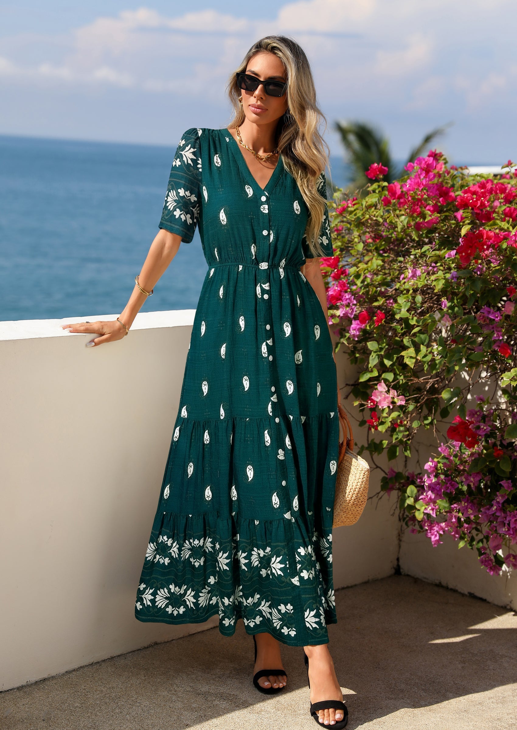 PRETTYGARDEN Womens Summer Boho Maxi Dress Trendy Short Sleeve V Neck Flowy Beach Floral Dresses with Pockets PRETTYGARDEN