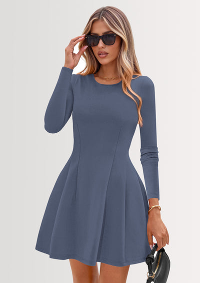 PRETTYGARDEN Long Sleeve Mini Dress for Women Fall Crewneck Knit Pleated Babydoll A Line Soft Casual Short Party Dresses