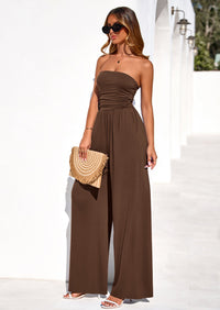 PRETTYGARDEN Womens Trendy Strapless Rompers Ruched Tube Top Wide Leg One Piece Jumpsuits Beach Vacation Summer Outfits PRETTYGARDEN