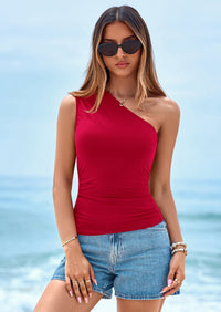 PRETTYGARDEN Womens Sleeveless One Shoulder Tank Top Ruched Slim Fit Shirts Basic Crop Y2k Tops 2026 Spring Fashion Clothing PRETTYGARDEN