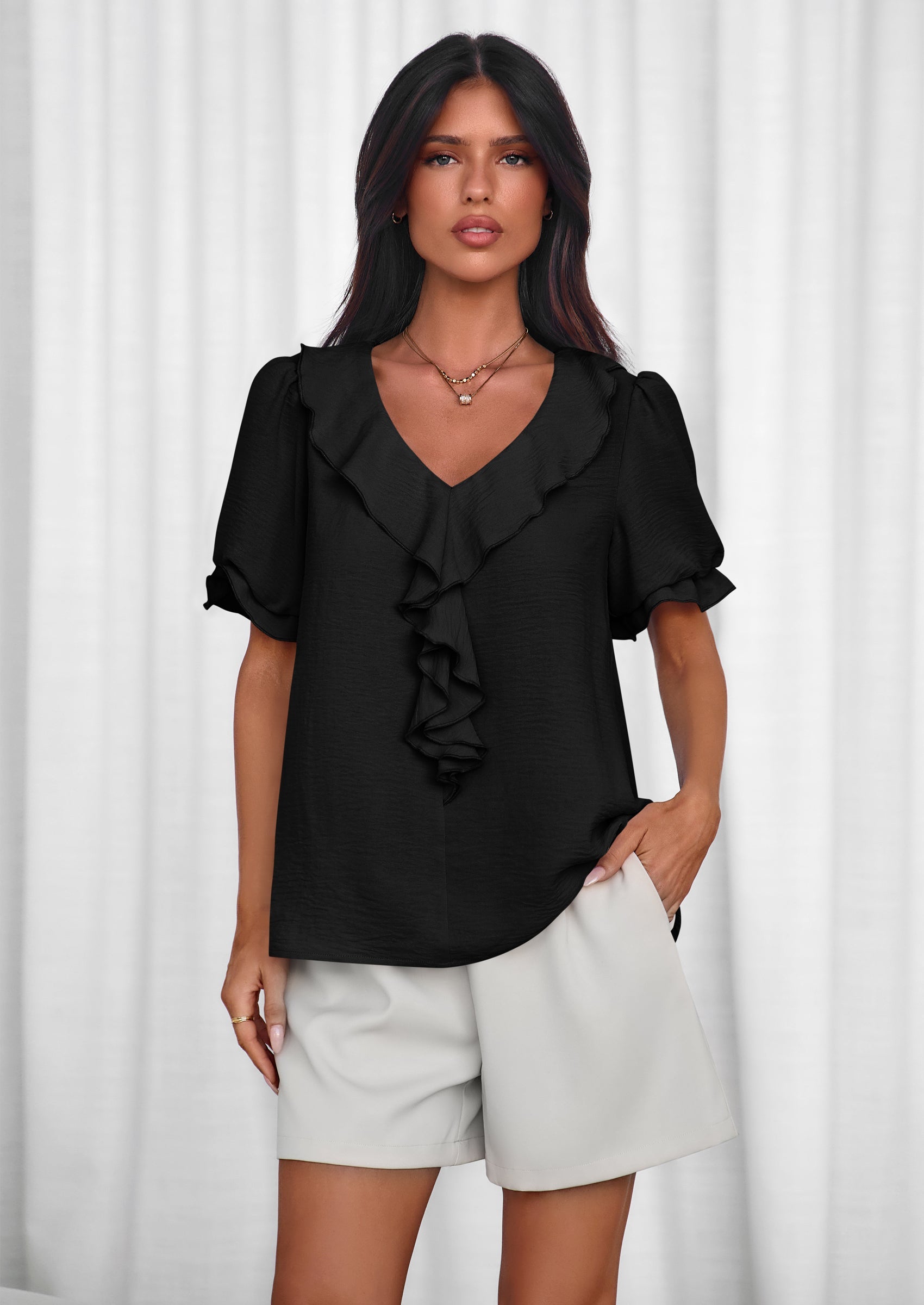 PRETTYGARDEN Women's Summer Dressy Casual Blouses Short Sleeve V Neck Ruffle Going Out Tops Shirt Trendy Spring Outfits PRETTYGARDEN