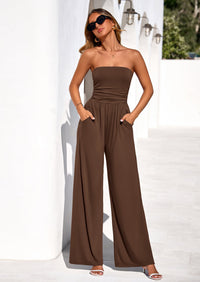 PRETTYGARDEN Womens Trendy Strapless Rompers Ruched Tube Top Wide Leg One Piece Jumpsuits Beach Vacation Summer Outfits PRETTYGARDEN