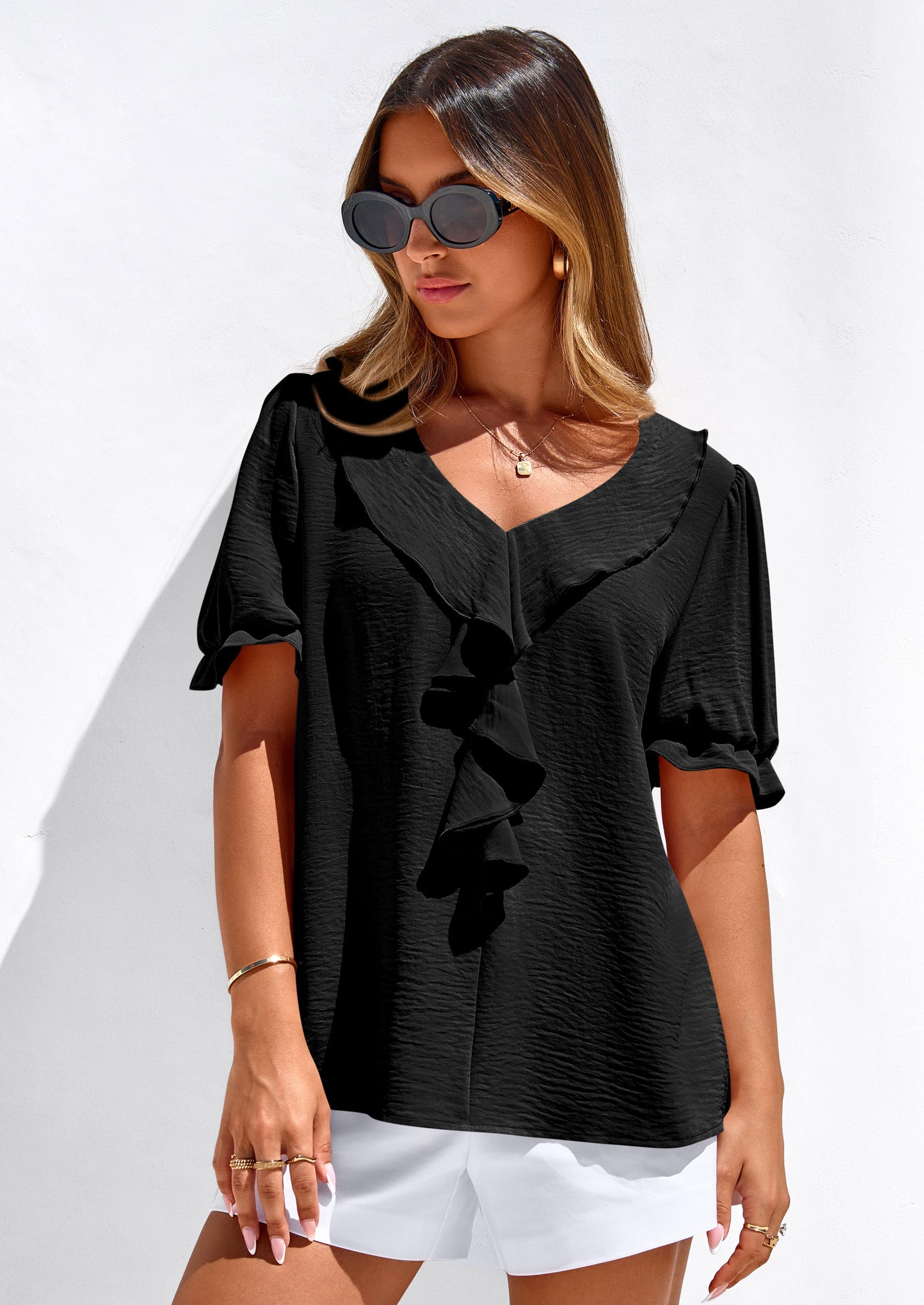 PRETTYGARDEN Women's Summer Dressy Casual Blouses Short Sleeve V Neck Ruffle Going Out Tops Shirt Trendy Spring Outfits PRETTYGARDEN