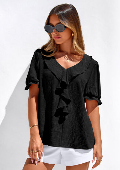 PRETTYGARDEN Women's Summer Dressy Casual Blouses Short Sleeve V Neck Ruffle Going Out Tops Shirt Trendy Spring Outfits PRETTYGARDEN