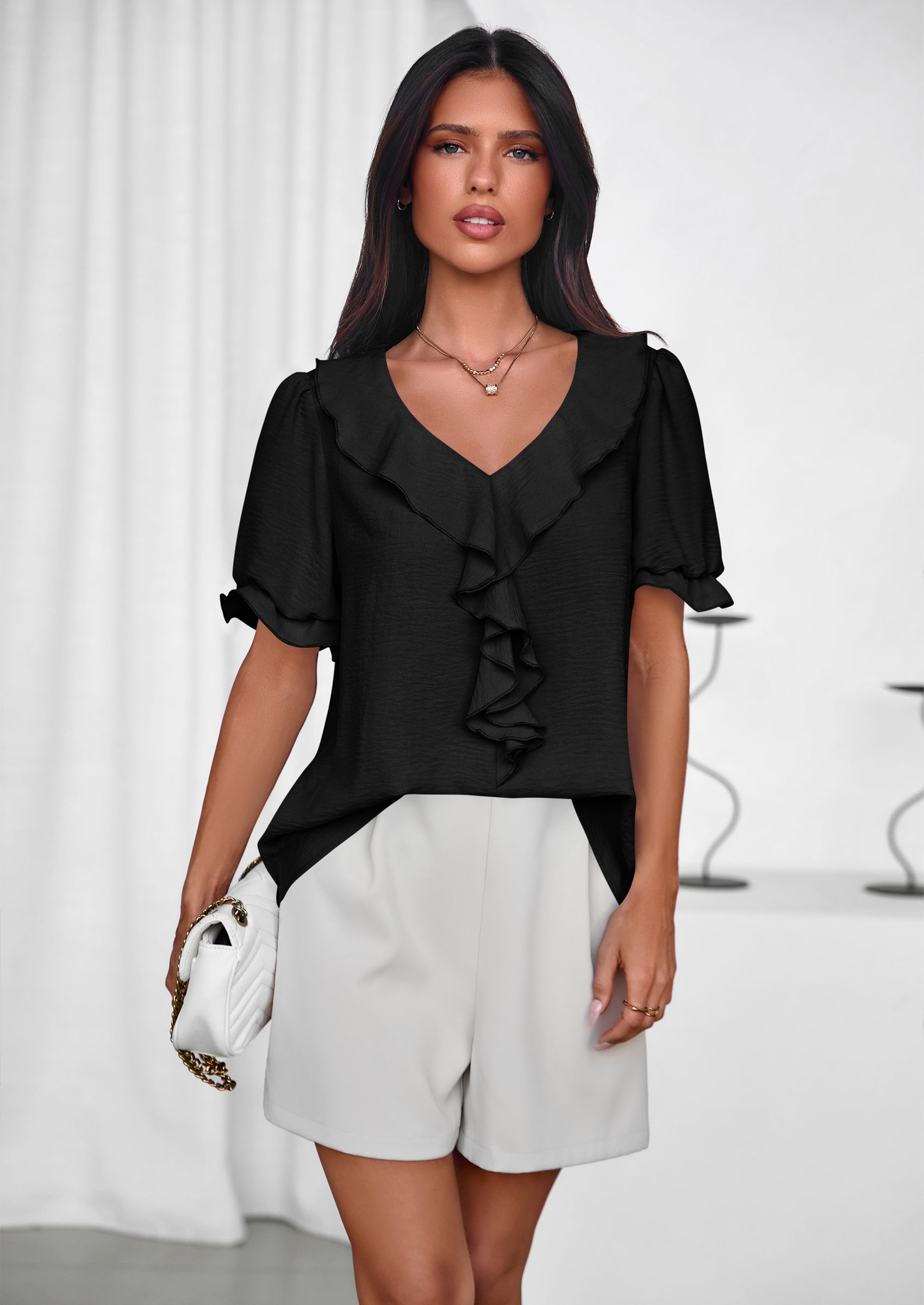 PRETTYGARDEN Women's Summer Dressy Casual Blouses Short Sleeve V Neck Ruffle Going Out Tops Shirt Trendy Spring Outfits PRETTYGARDEN