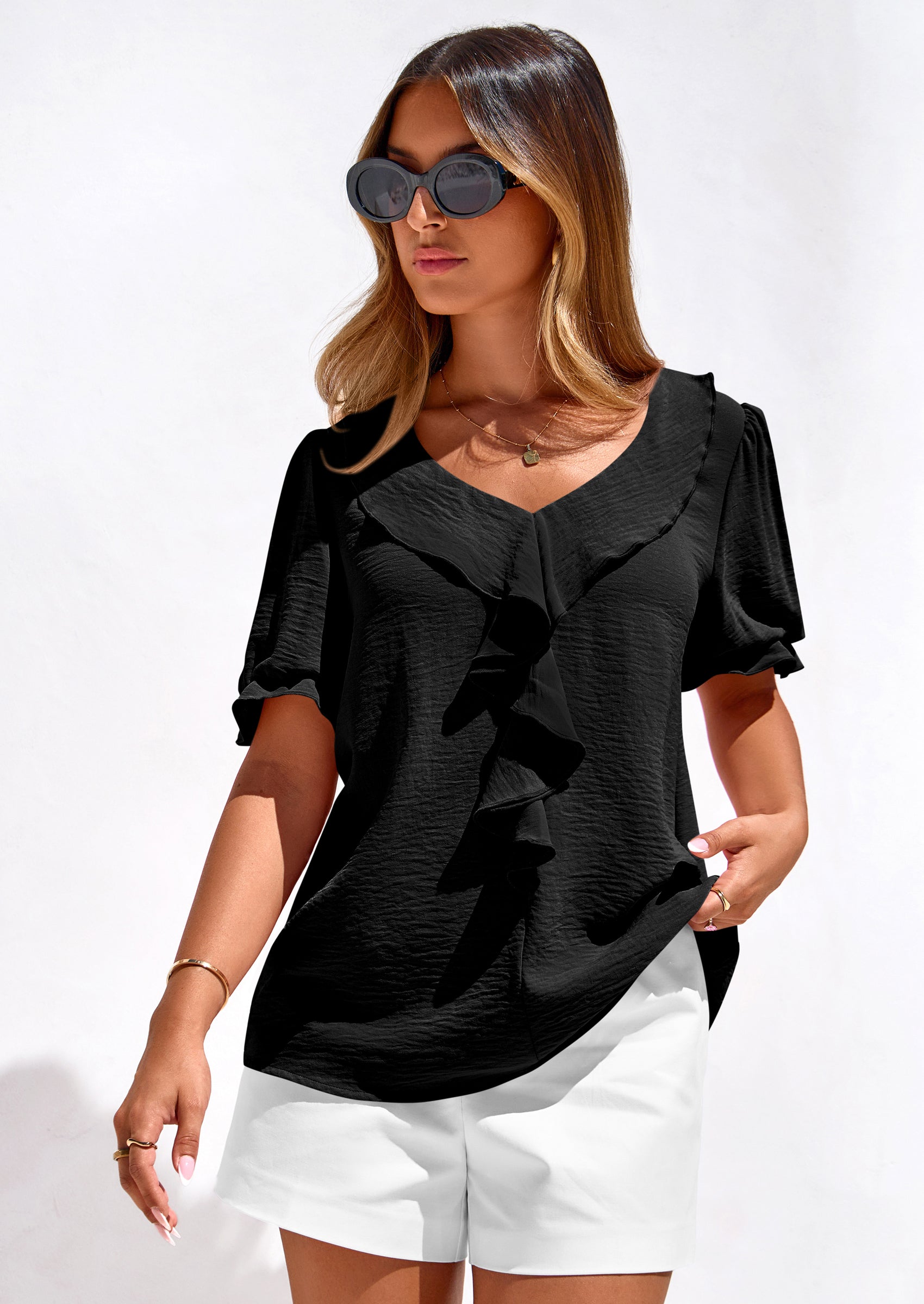 PRETTYGARDEN Women's Summer Dressy Casual Blouses Short Sleeve V Neck Ruffle Going Out Tops Shirt Trendy Spring Outfits PRETTYGARDEN