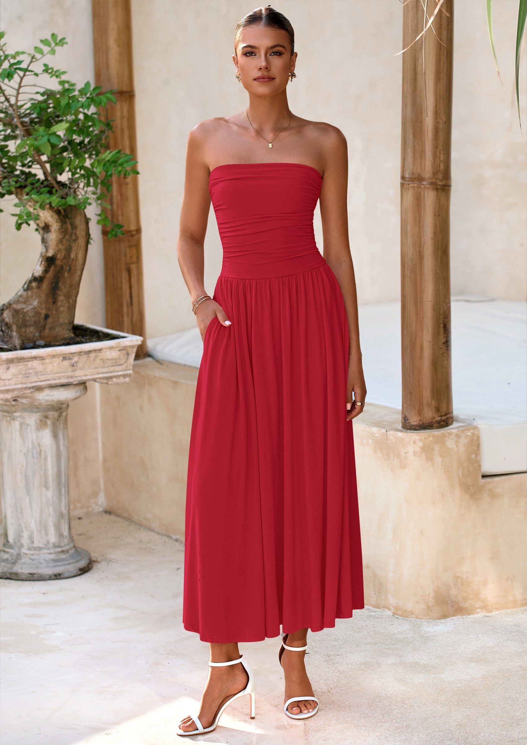 BTFBM Summer Maxi Dresses for Women Strapless Ruched Tube Top Beach Vacation Spring Wedding Guest Dress Pockets PRETTYGARDEN