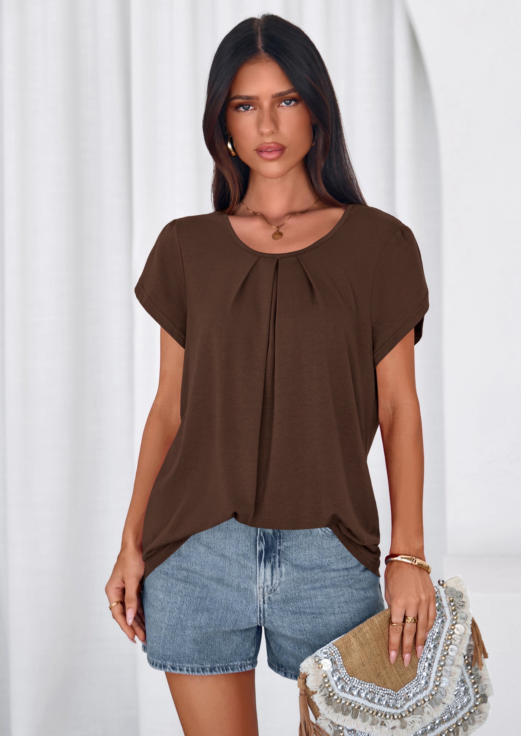 PRETTYGARDEN Summer Tops for Women Short Sleeve Crew Neck Pleated T Shirts Dressy Casual Blouses Spring Fashion Clothes PRETTYGARDEN