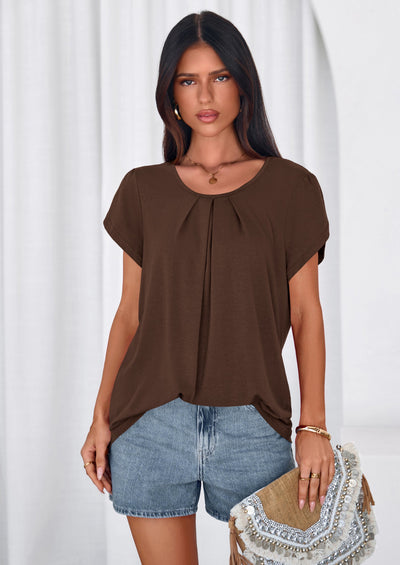 PRETTYGARDEN Summer Tops for Women Short Sleeve Crew Neck Pleated T Shirts Dressy Casual Blouses Spring Fashion Clothes PRETTYGARDEN