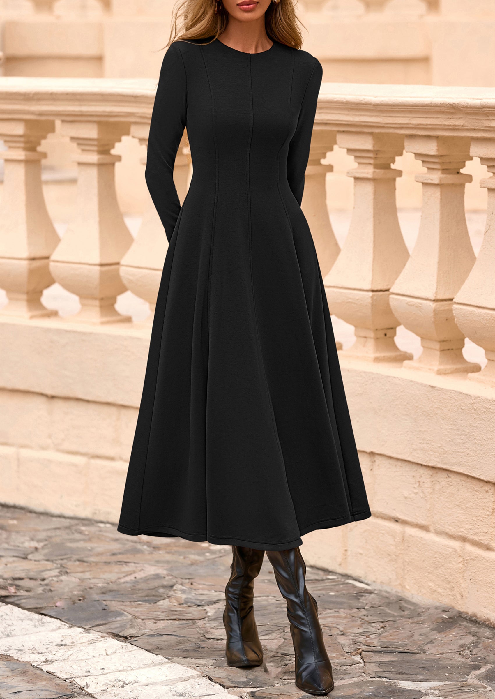 PRETTYGARDEN Women's Fall Long Sleeve Midi Dress Casual Elegant Ruffle Flowy A Line Swing Cocktail Party Dresses