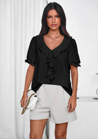PRETTYGARDEN Women's Summer Dressy Casual Blouses Short Sleeve V Neck Ruffle Going Out Tops Shirt Trendy Spring Outfits PRETTYGARDEN
