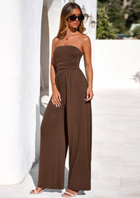 PRETTYGARDEN Womens Trendy Strapless Rompers Ruched Tube Top Wide Leg One Piece Jumpsuits Beach Vacation Summer Outfits PRETTYGARDEN