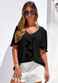 PRETTYGARDEN Women's Summer Dressy Casual Blouses Short Sleeve V Neck Ruffle Going Out Tops Shirt Trendy Spring Outfits PRETTYGARDEN