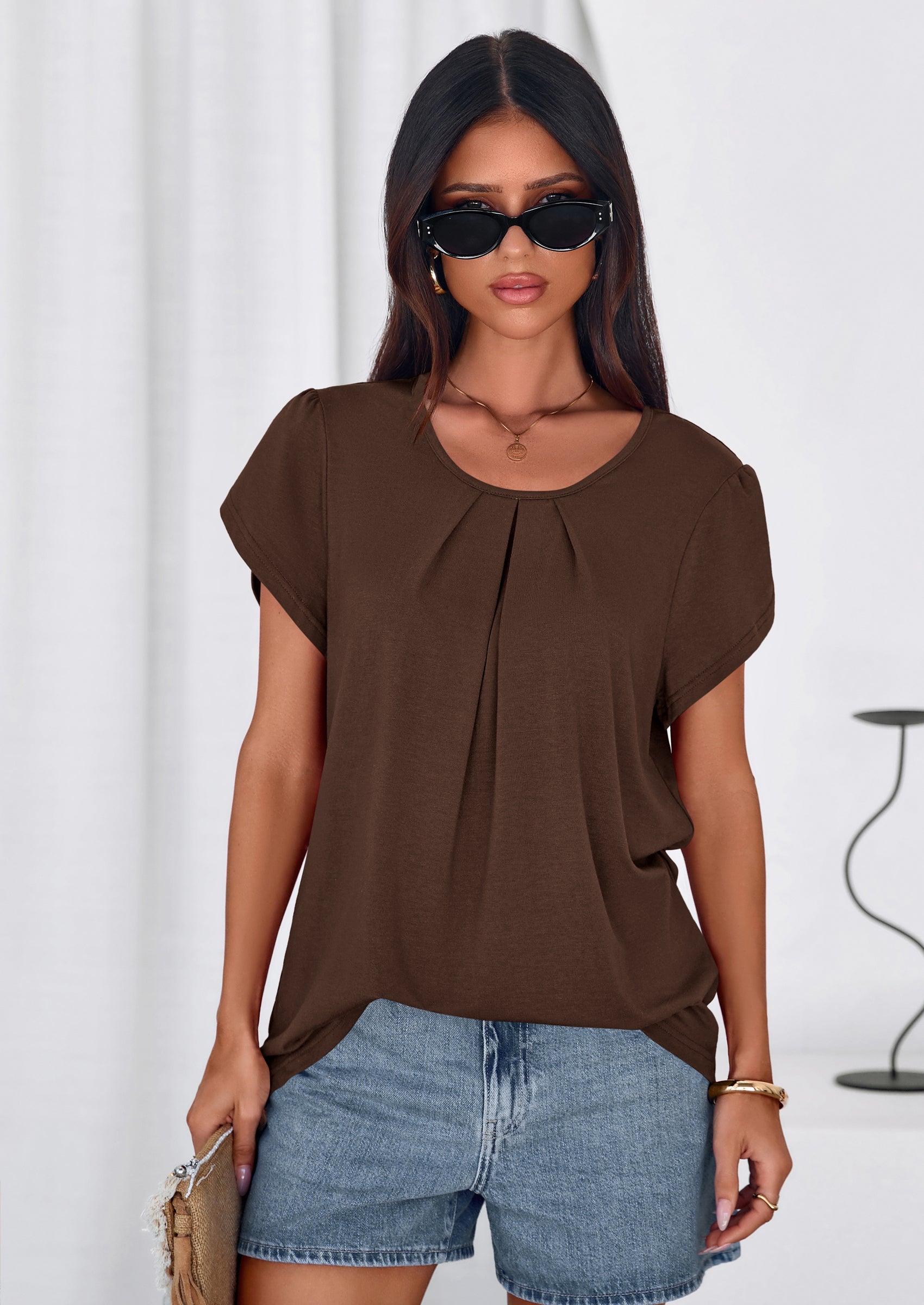 PRETTYGARDEN Summer Tops for Women Short Sleeve Crew Neck Pleated T Shirts Dressy Casual Blouses Spring Fashion Clothes PRETTYGARDEN