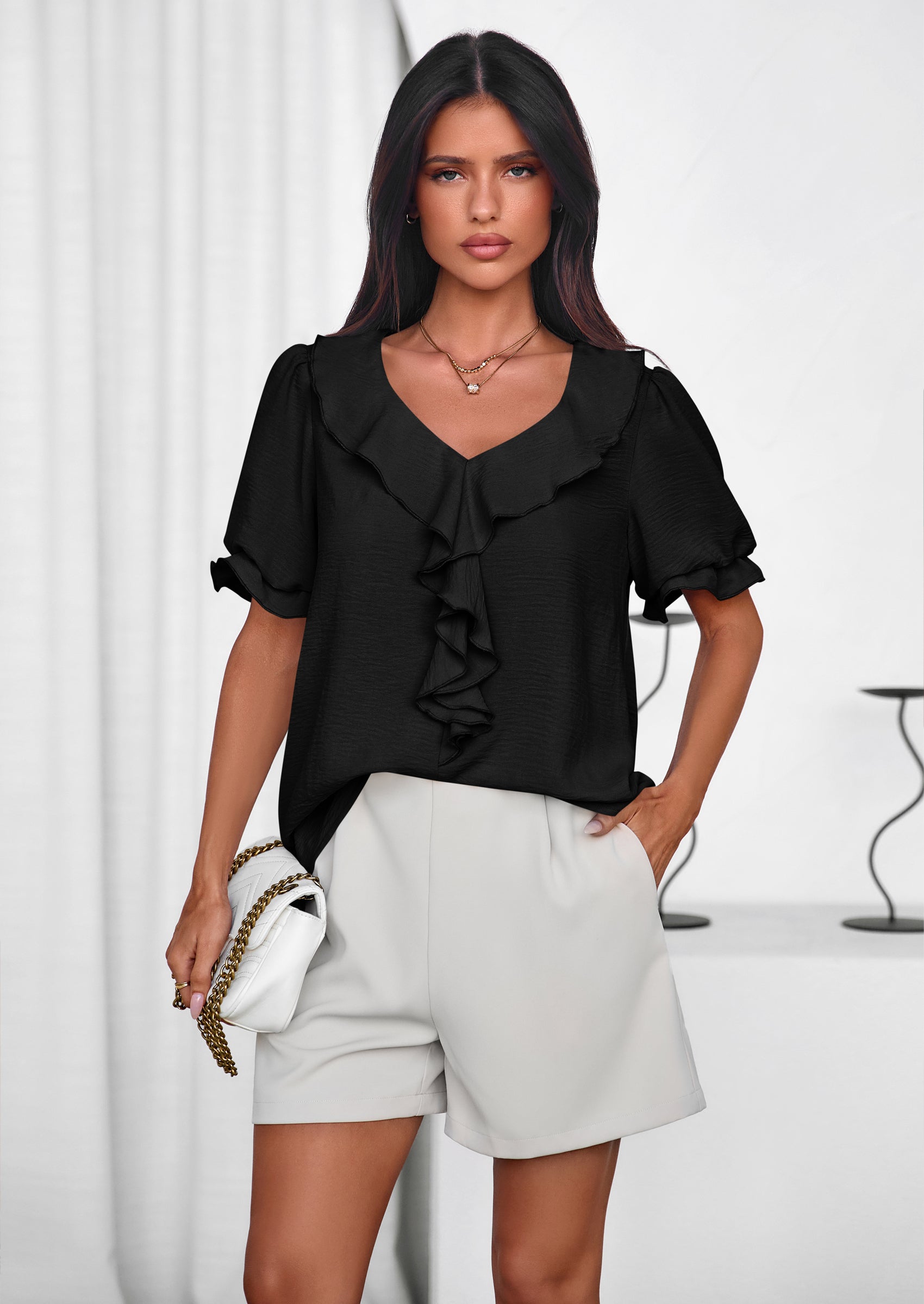 PRETTYGARDEN Women's Summer Dressy Casual Blouses Short Sleeve V Neck Ruffle Going Out Tops Shirt Trendy Spring Outfits PRETTYGARDEN