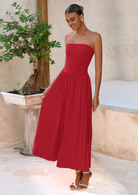 BTFBM Summer Maxi Dresses for Women Strapless Ruched Tube Top Beach Vacation Spring Wedding Guest Dress Pockets PRETTYGARDEN