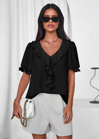 PRETTYGARDEN Women's Summer Dressy Casual Blouses Short Sleeve V Neck Ruffle Going Out Tops Shirt Trendy Spring Outfits PRETTYGARDEN