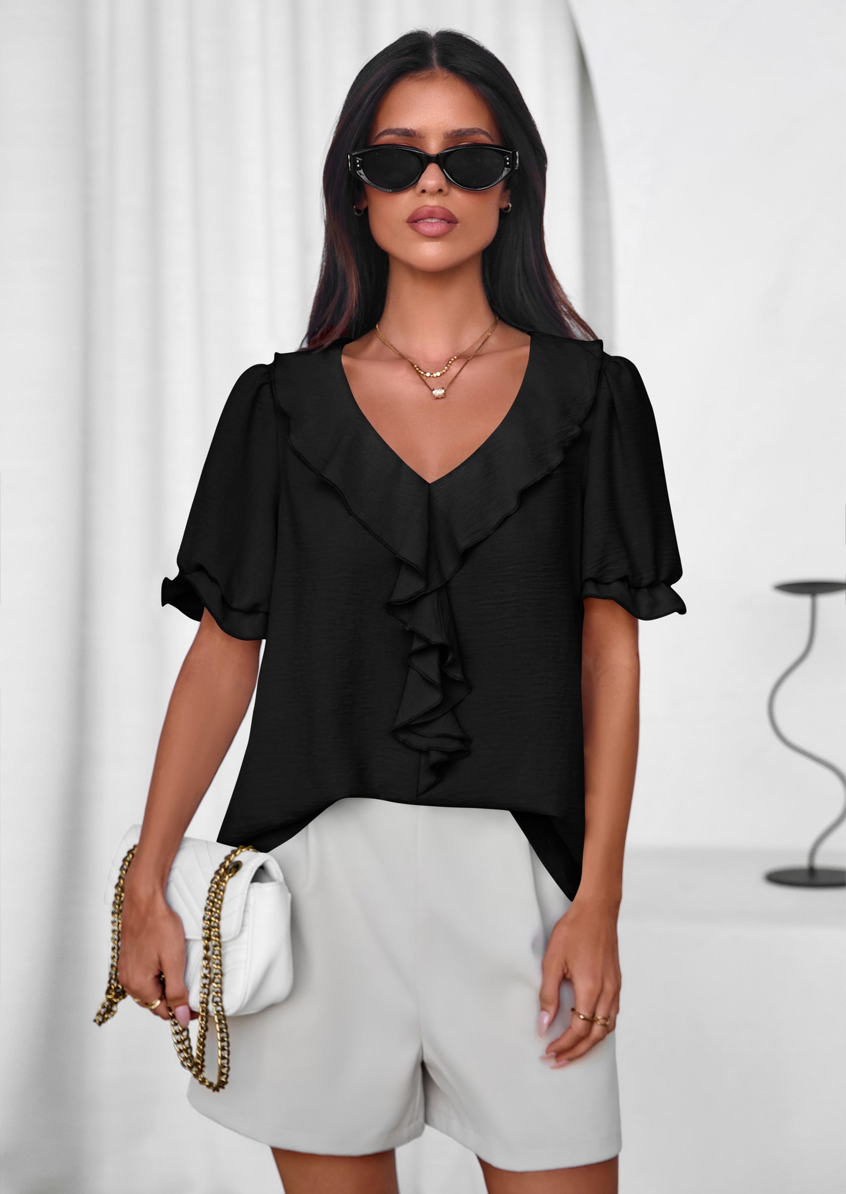 PRETTYGARDEN Women's Summer Dressy Casual Blouses Short Sleeve V Neck Ruffle Going Out Tops Shirt Trendy Spring Outfits PRETTYGARDEN