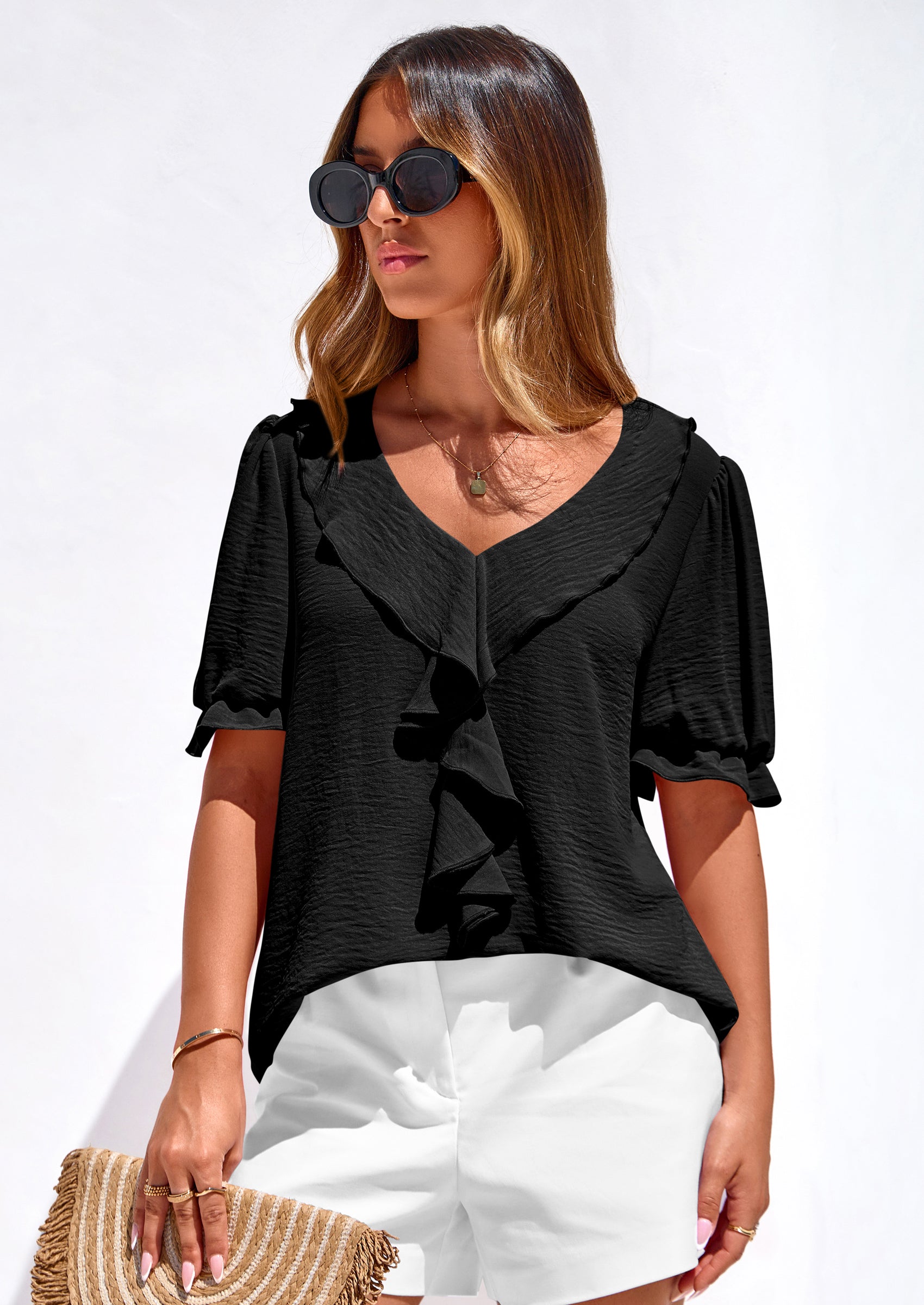 PRETTYGARDEN Women's Summer Dressy Casual Blouses Short Sleeve V Neck Ruffle Going Out Tops Shirt Trendy Spring Outfits PRETTYGARDEN