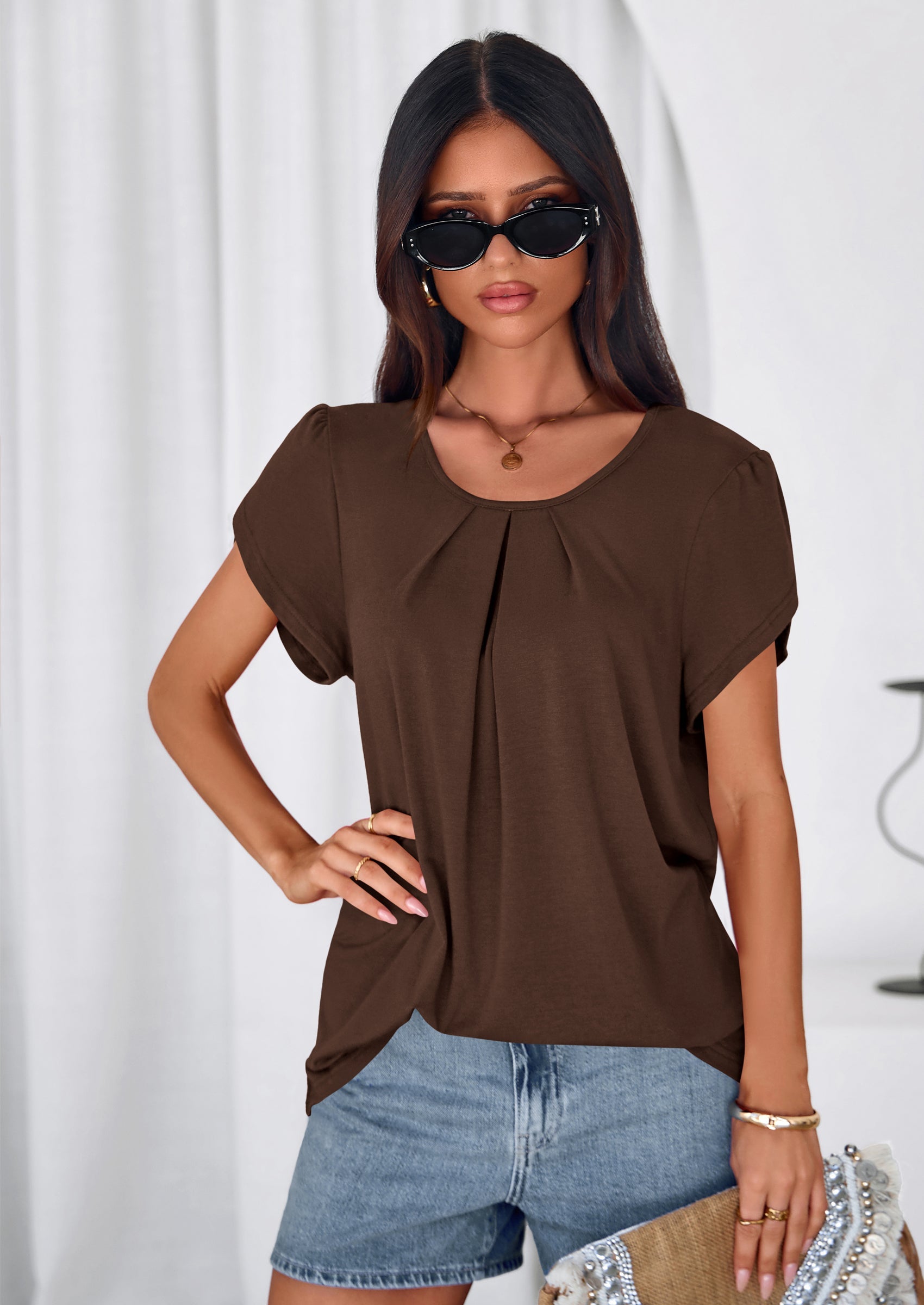 PRETTYGARDEN Summer Tops for Women Short Sleeve Crew Neck Pleated T Shirts Dressy Casual Blouses Spring Fashion Clothes PRETTYGARDEN