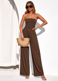 PRETTYGARDEN Womens Trendy Strapless Rompers Ruched Tube Top Wide Leg One Piece Jumpsuits Beach Vacation Summer Outfits PRETTYGARDEN