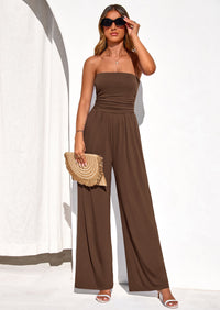 PRETTYGARDEN Womens Trendy Strapless Rompers Ruched Tube Top Wide Leg One Piece Jumpsuits Beach Vacation Summer Outfits PRETTYGARDEN