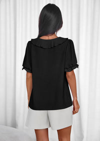 PRETTYGARDEN Women's Summer Dressy Casual Blouses Short Sleeve V Neck Ruffle Going Out Tops Shirt Trendy Spring Outfits PRETTYGARDEN