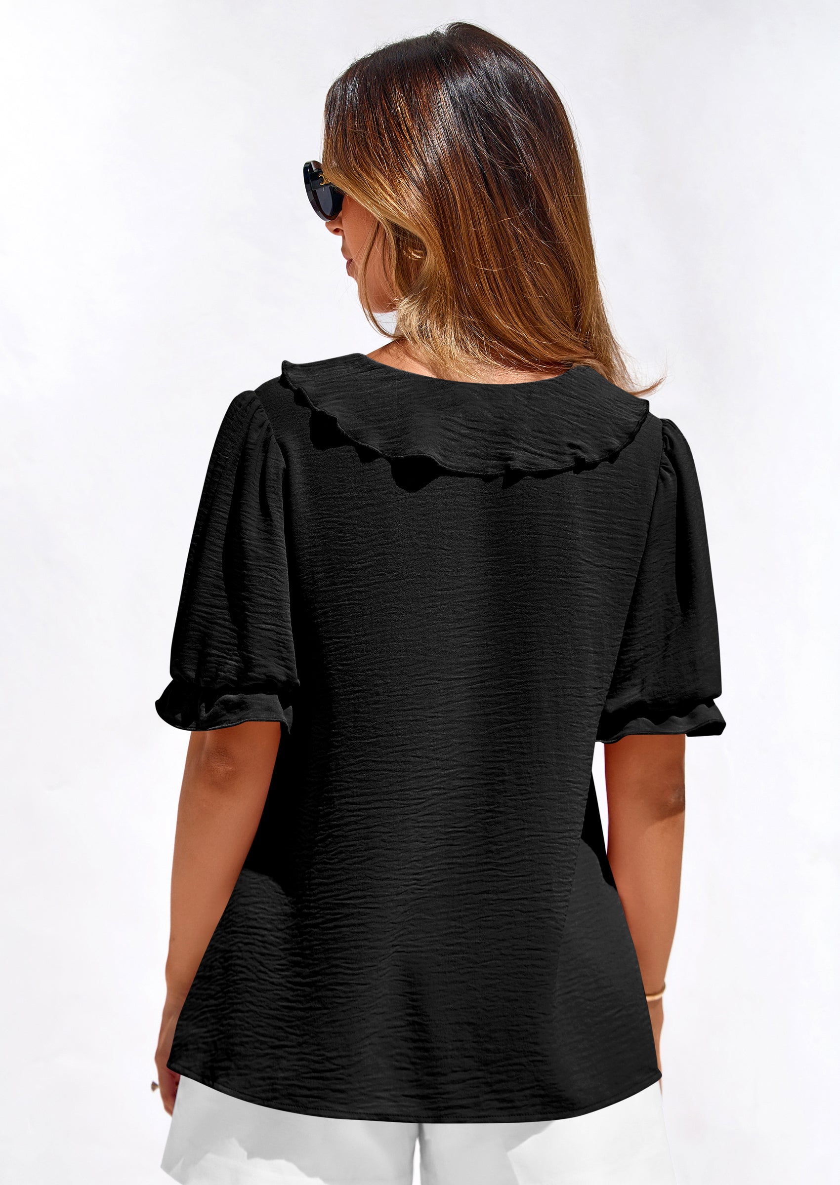 PRETTYGARDEN Women's Summer Dressy Casual Blouses Short Sleeve V Neck Ruffle Going Out Tops Shirt Trendy Spring Outfits PRETTYGARDEN