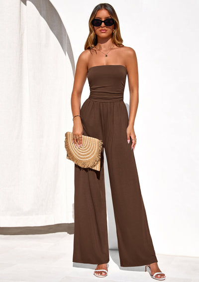PRETTYGARDEN Womens Trendy Strapless Rompers Ruched Tube Top Wide Leg One Piece Jumpsuits Beach Vacation Summer Outfits PRETTYGARDEN