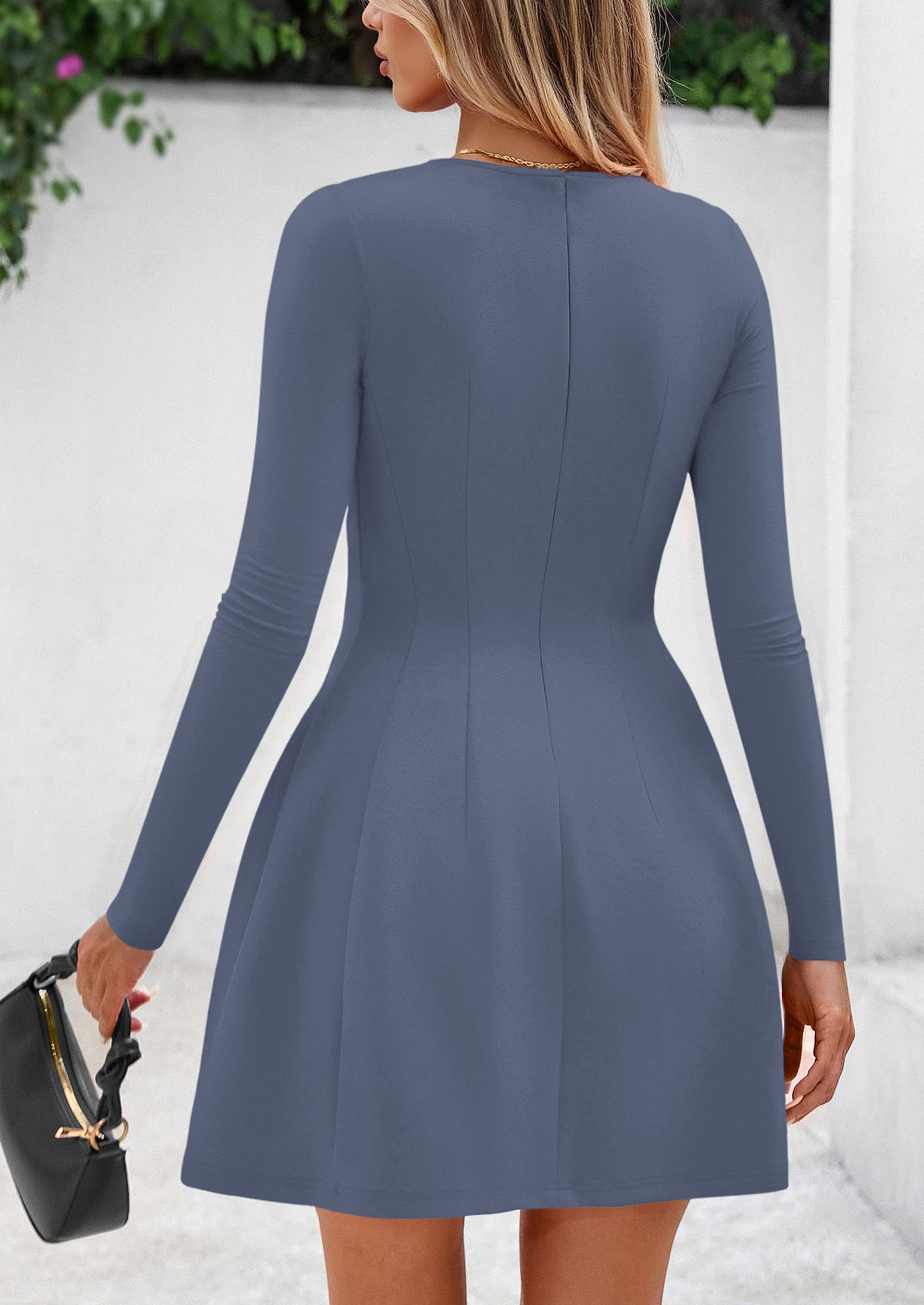 PRETTYGARDEN Long Sleeve Mini Dress for Women Fall Crewneck Knit Pleated Babydoll A Line Soft Casual Short Party Dresses