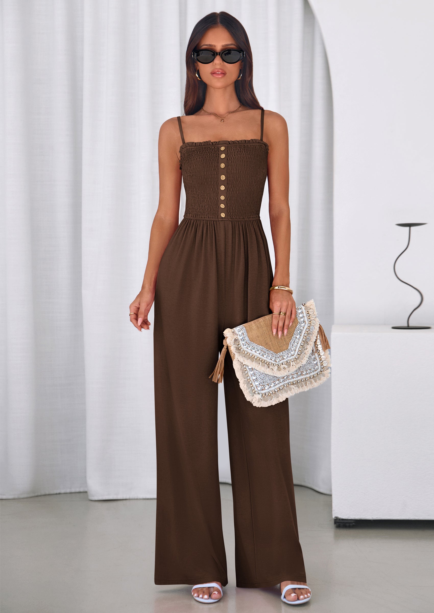 PRETTYGARDEN Jumpsuits for Women Summer Sleeveless Smocked Button Wide Leg Rompers Spring Travel One Piece Outfits PRETTYGARDEN