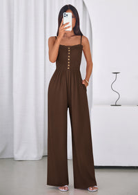 PRETTYGARDEN Jumpsuits for Women Summer Sleeveless Smocked Button Wide Leg Rompers Spring Travel One Piece Outfits PRETTYGARDEN