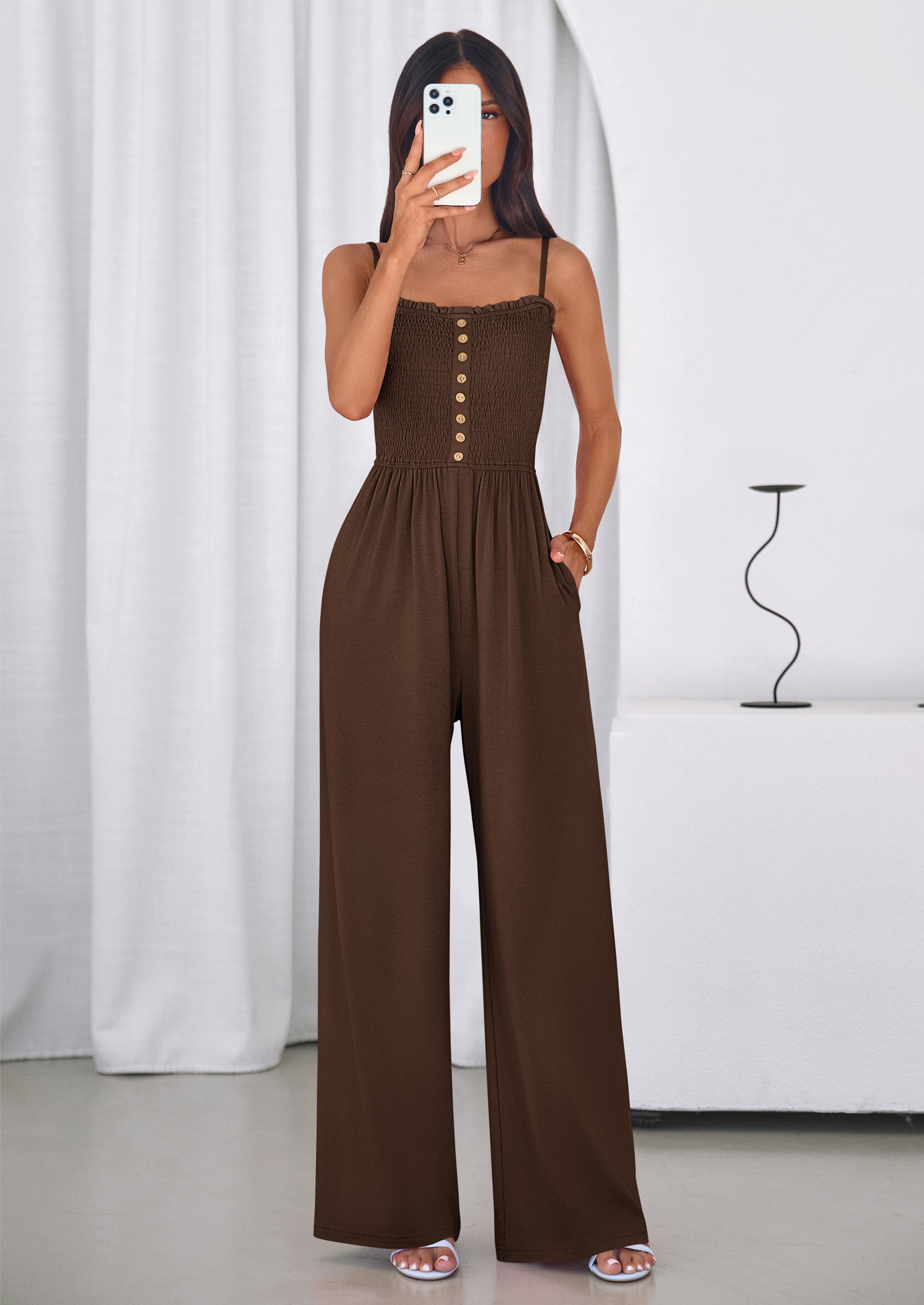 PRETTYGARDEN Jumpsuits for Women Summer Sleeveless Smocked Button Wide Leg Rompers Spring Travel One Piece Outfits PRETTYGARDEN