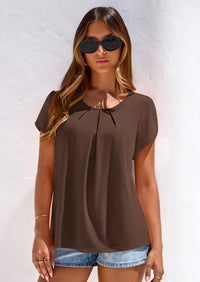 PRETTYGARDEN Summer Tops for Women Short Sleeve Crew Neck Pleated T Shirts Dressy Casual Blouses Spring Fashion Clothes PRETTYGARDEN