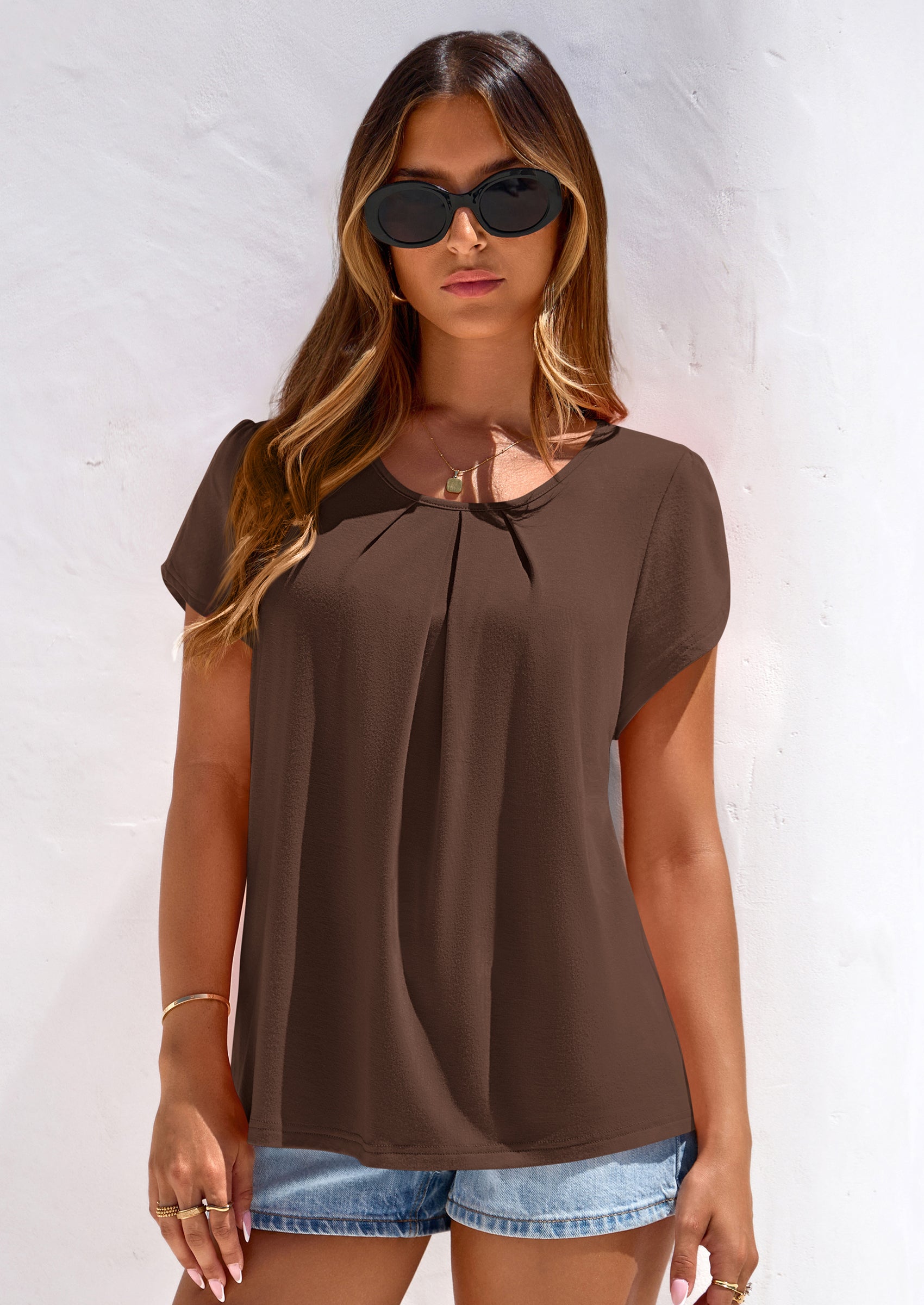 PRETTYGARDEN Summer Tops for Women Short Sleeve Crew Neck Pleated T Shirts Dressy Casual Blouses Spring Fashion Clothes PRETTYGARDEN