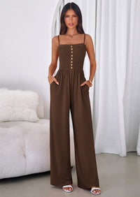 PRETTYGARDEN Jumpsuits for Women Summer Sleeveless Smocked Button Wide Leg Rompers Spring Travel One Piece Outfits PRETTYGARDEN