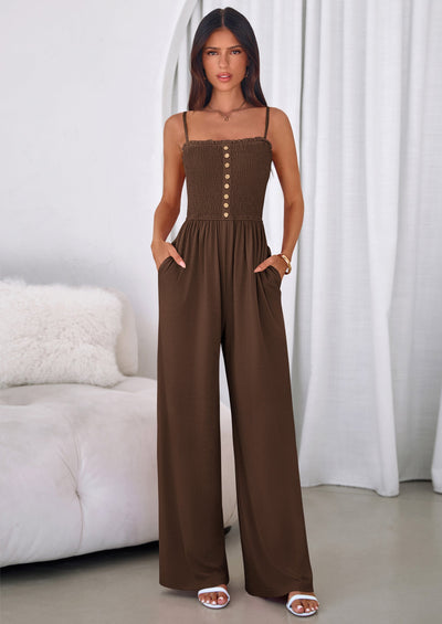 PRETTYGARDEN Jumpsuits for Women Summer Sleeveless Smocked Button Wide Leg Rompers Spring Travel One Piece Outfits PRETTYGARDEN