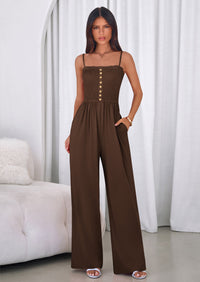 PRETTYGARDEN Jumpsuits for Women Summer Sleeveless Smocked Button Wide Leg Rompers Spring Travel One Piece Outfits PRETTYGARDEN