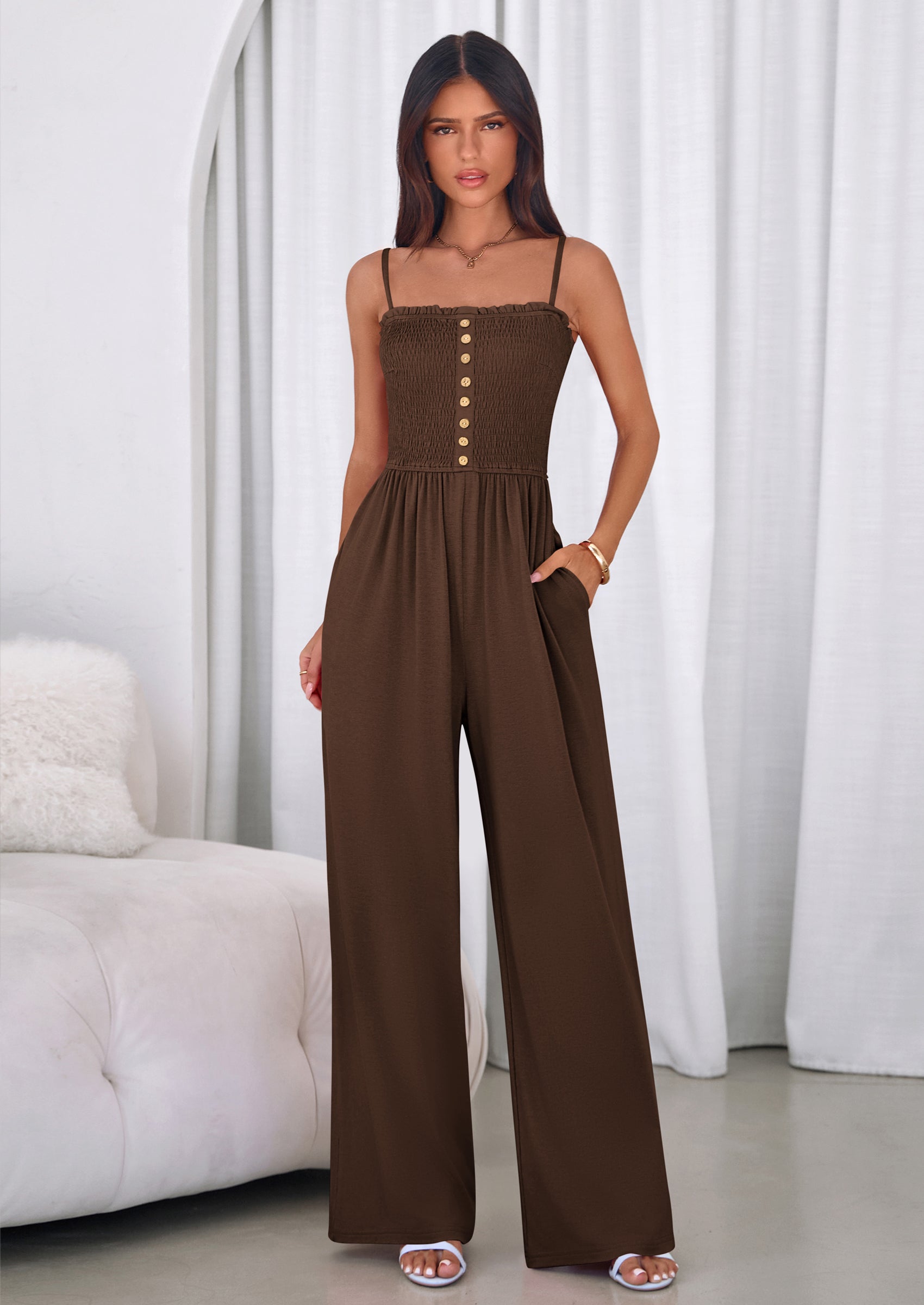 PRETTYGARDEN Jumpsuits for Women Summer Sleeveless Smocked Button Wide Leg Rompers Spring Travel One Piece Outfits PRETTYGARDEN