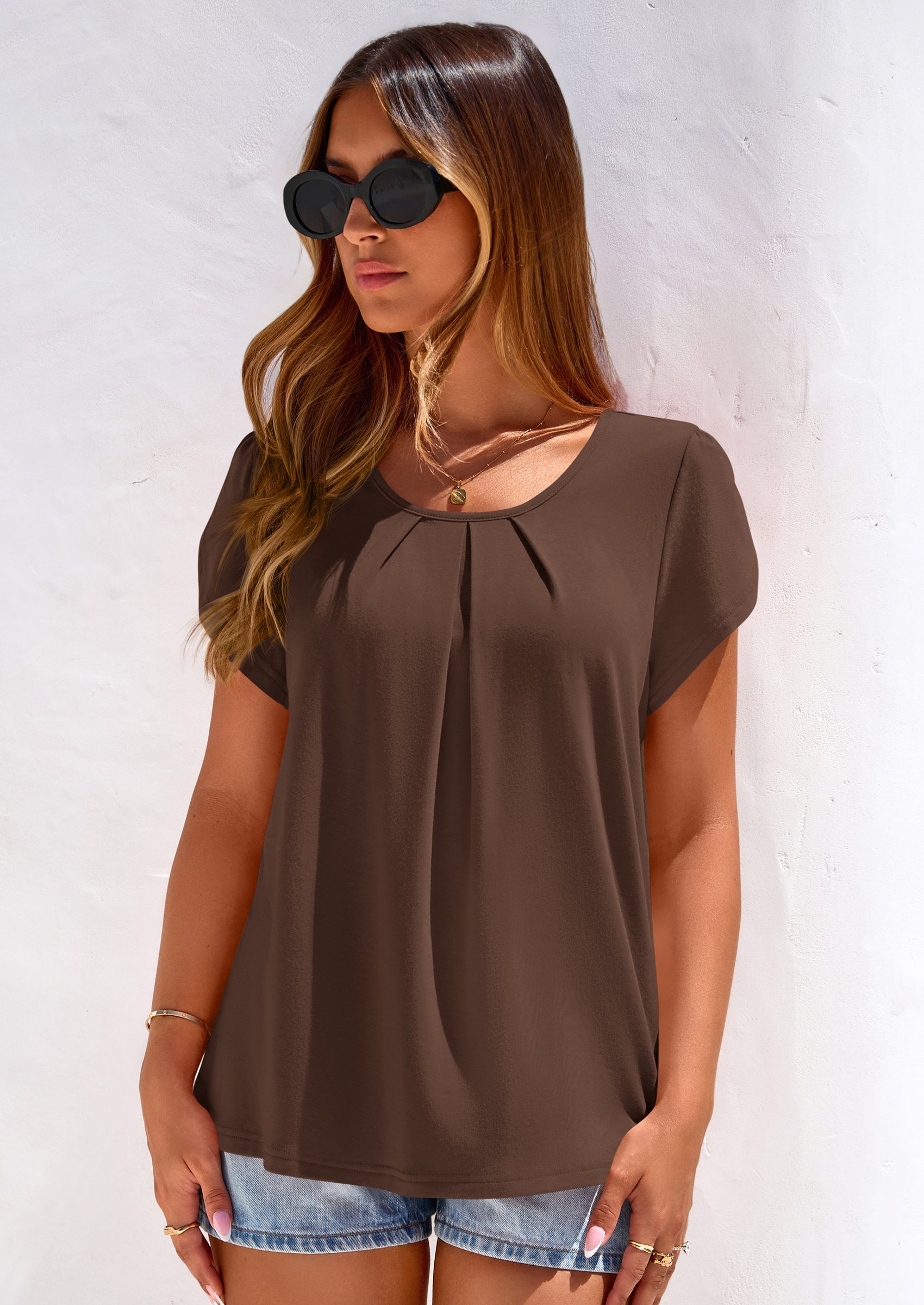 PRETTYGARDEN Summer Tops for Women Short Sleeve Crew Neck Pleated T Shirts Dressy Casual Blouses Spring Fashion Clothes PRETTYGARDEN