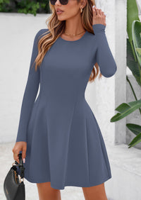 PRETTYGARDEN Long Sleeve Mini Dress for Women Fall Crewneck Knit Pleated Babydoll A Line Soft Casual Short Party Dresses