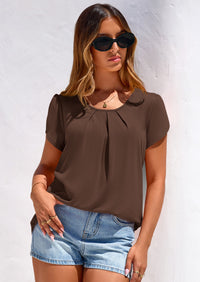 PRETTYGARDEN Summer Tops for Women Short Sleeve Crew Neck Pleated T Shirts Dressy Casual Blouses Spring Fashion Clothes PRETTYGARDEN