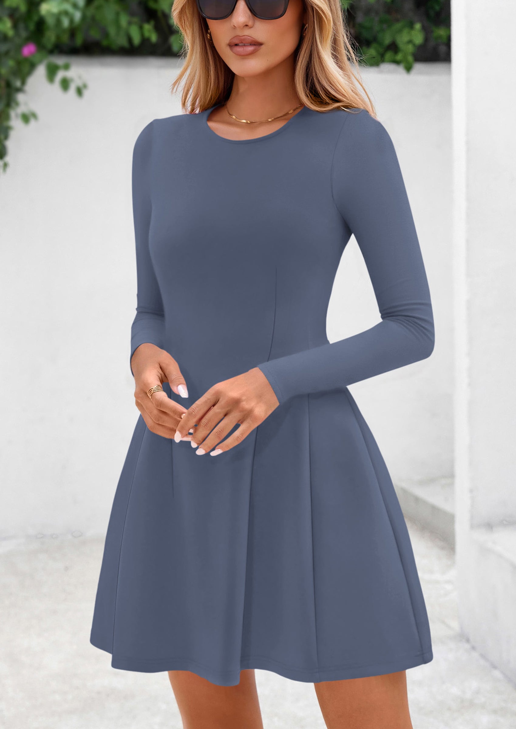 PRETTYGARDEN Long Sleeve Mini Dress for Women Fall Crewneck Knit Pleated Babydoll A Line Soft Casual Short Party Dresses