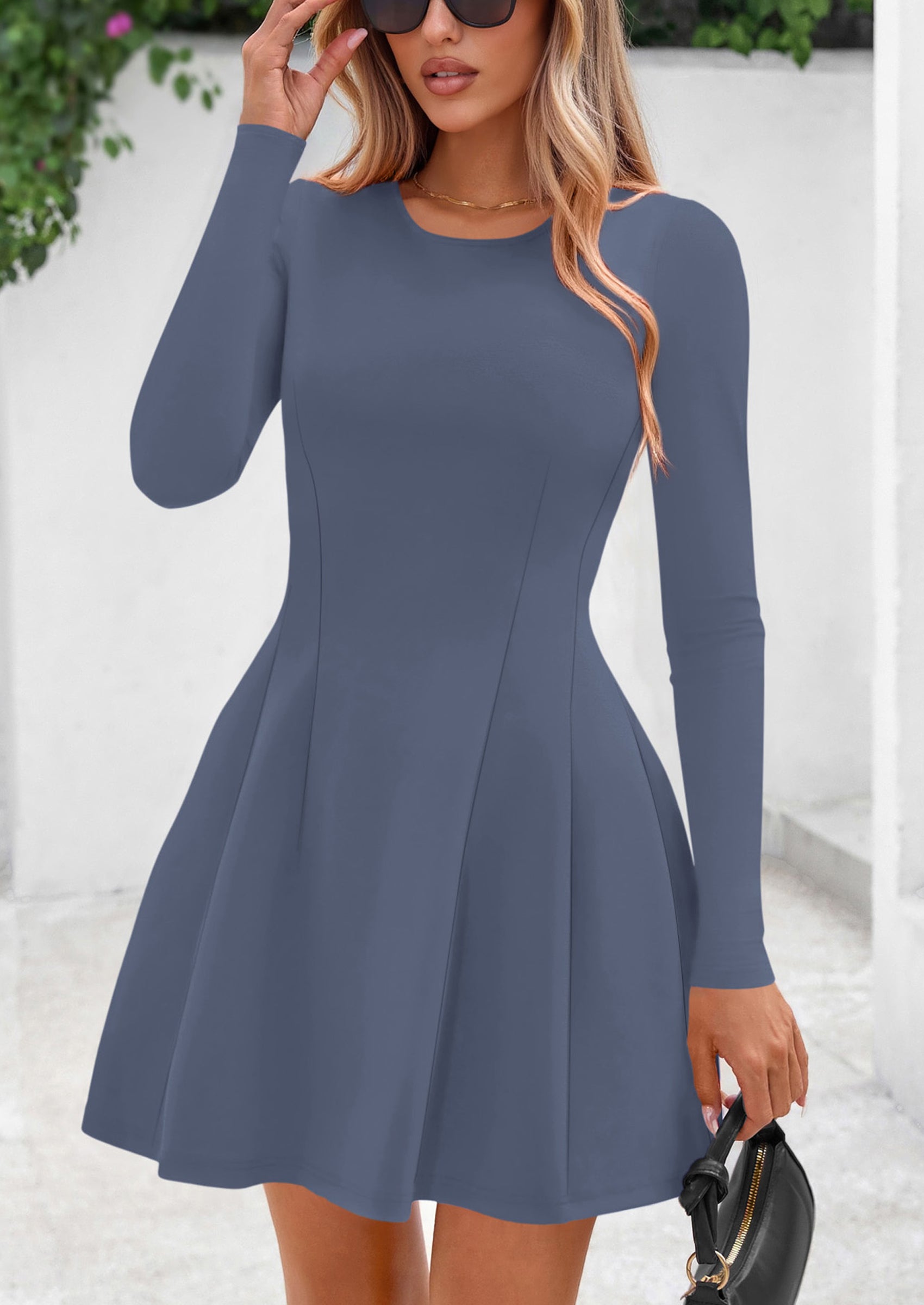 PRETTYGARDEN Long Sleeve Mini Dress for Women Fall Crewneck Knit Pleated Babydoll A Line Soft Casual Short Party Dresses