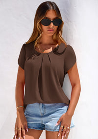 PRETTYGARDEN Summer Tops for Women Short Sleeve Crew Neck Pleated T Shirts Dressy Casual Blouses Spring Fashion Clothes PRETTYGARDEN