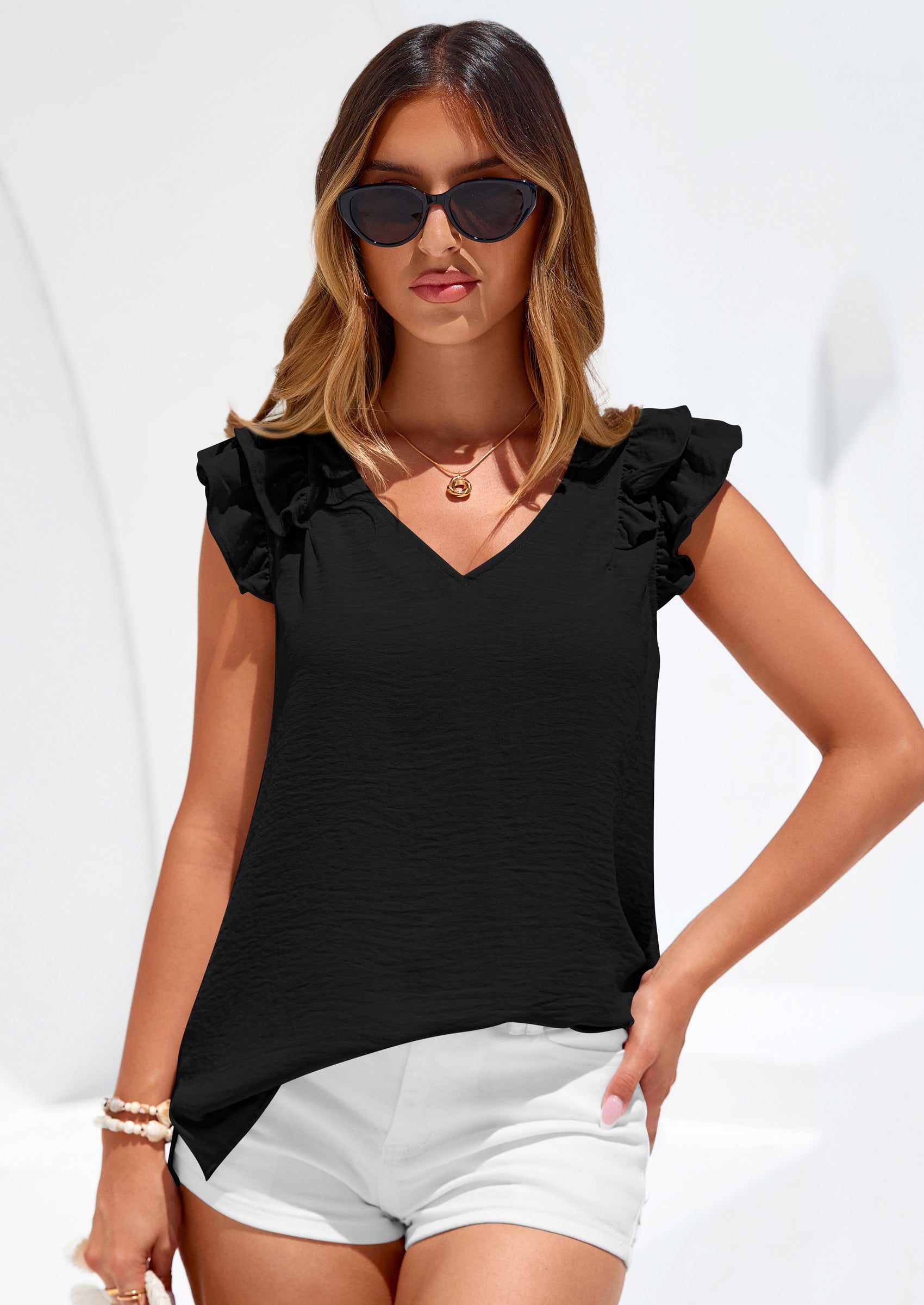 PRETTYGARDEN Womens Blouses Dressy Casual Summer V Neck Ruffle Cap Sleeve Business Work Tops Spring Teacher Shirts PRETTYGARDEN