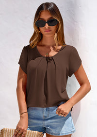 PRETTYGARDEN Summer Tops for Women Short Sleeve Crew Neck Pleated T Shirts Dressy Casual Blouses Spring Fashion Clothes PRETTYGARDEN