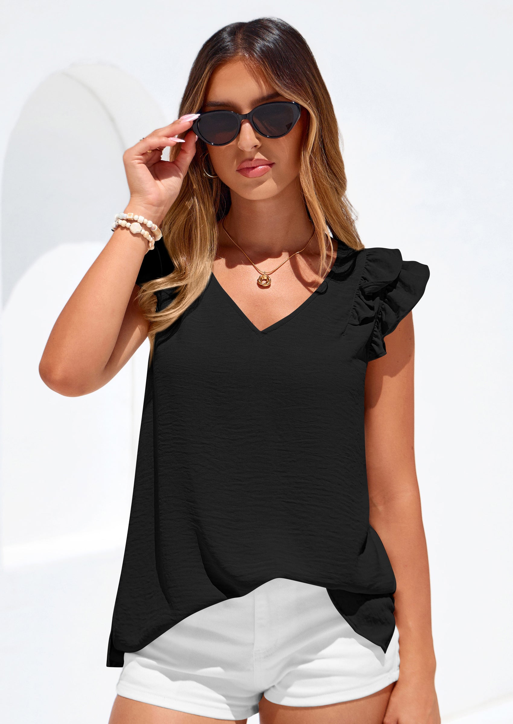 PRETTYGARDEN Womens Blouses Dressy Casual Summer V Neck Ruffle Cap Sleeve Business Work Tops Spring Teacher Shirts PRETTYGARDEN