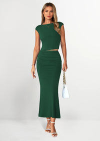 PRETTYGARDEN Summer 2 Piece Sets for Women Going Out Casual Cap Sleeve Crop Tops Ruched Maxi Long Skirts Spring Outfits